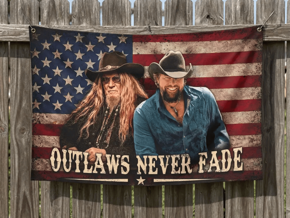 Outlaws Never Fade Tapestry Flag, David Allen Coe & Toby Keith Flag, Outlaw Country Music Fan Gift #241