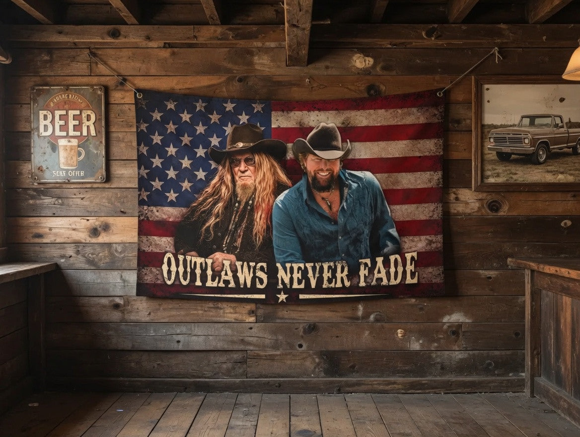 Outlaws Never Fade Tapestry Flag, David Allen Coe & Toby Keith Flag, Outlaw Country Music Fan Gift #241