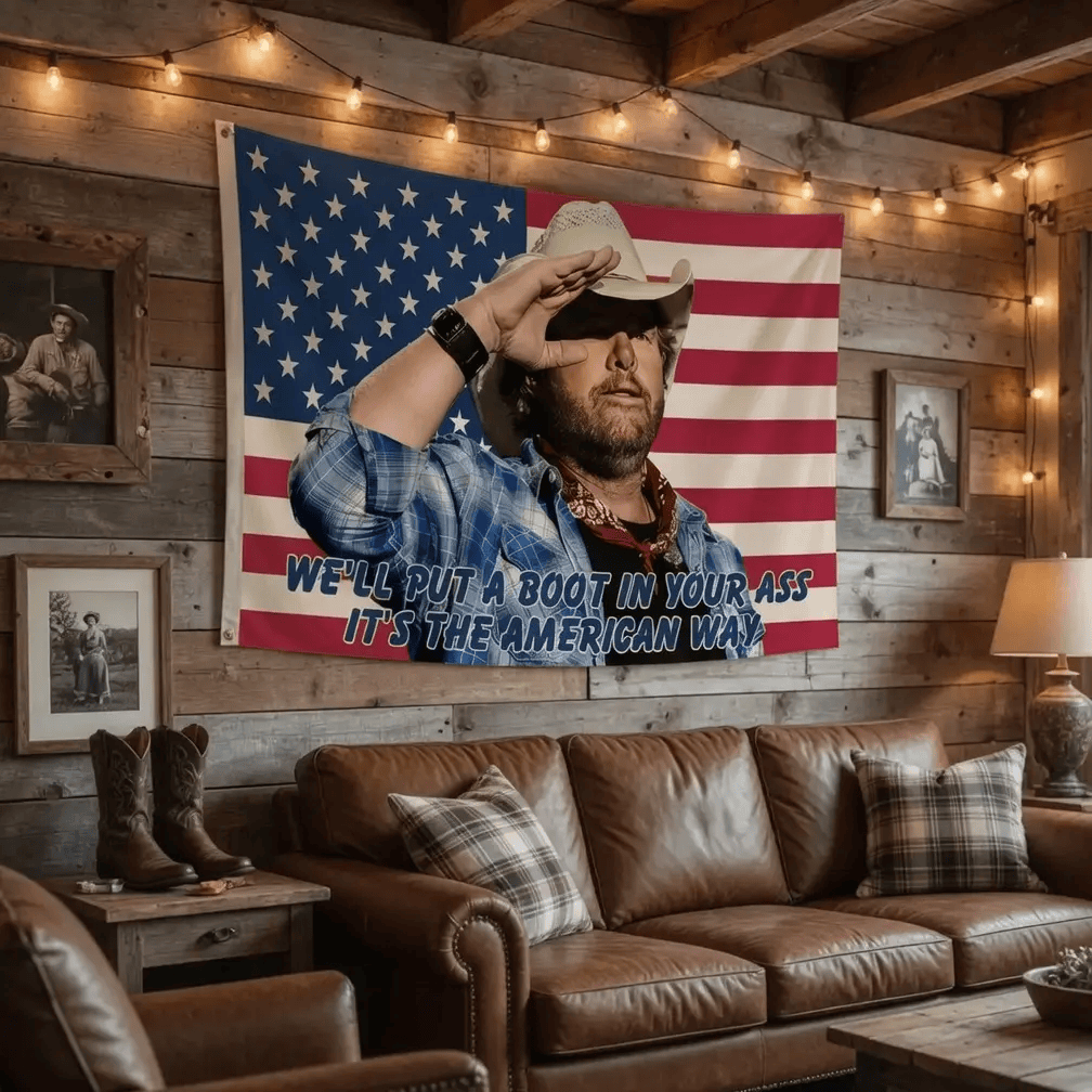 Toby 4th Flag, Toby Keiith We'll Put A Boot Flag, Courtesy of the Red Flags, Red White and Blue 4th Of July FLag Indoor Backdrops #241