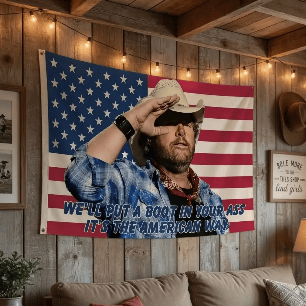 Toby 4th Flag, Toby Keiith We'll Put A Boot Flag, Courtesy of the Red Flags, Red White and Blue 4th Of July FLag Indoor Backdrops #241