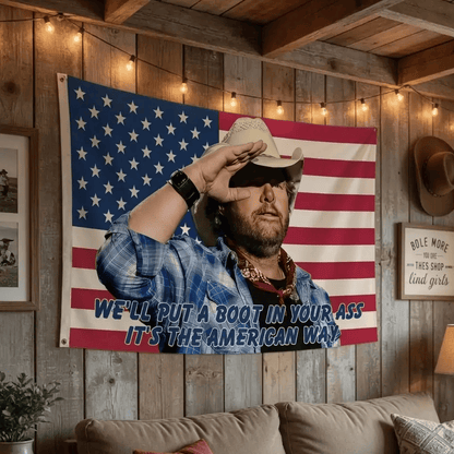 Toby 4th Flag, Toby Keiith We'll Put A Boot Flag, Courtesy of the Red Flags, Red White and Blue 4th Of July FLag Indoor Backdrops #241