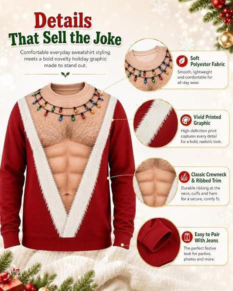 Ugly Christmas Sweater Hairy Chest, Funny 3D Hairy Chest Santa Sweatshirt