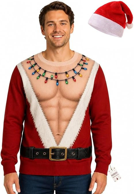 Ugly Christmas Sweater Hairy Chest, Funny 3D Hairy Chest Santa Sweatshirt